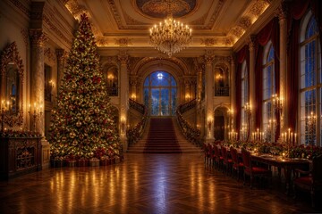 Obraz premium Luxurious Christmas tree glows inside a grand palace hall