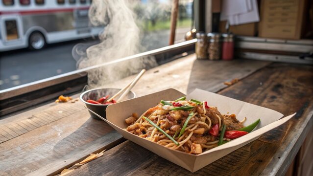Char kway teow served hot from food truck in vibrant street scene with steam rising