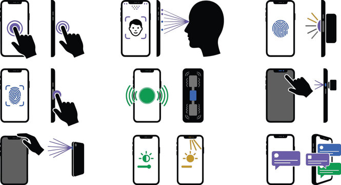 Modern smartphone features including fingerprint scanner facial recognition wireless charging biometric sensors brightness notifications side button