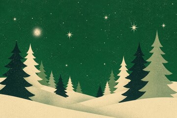 Fototapeta premium Vintage winter forest landscape beneath starry green night sky