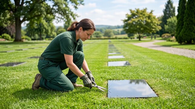 Female groundskeeper kneeling to trim grass around flat gravestone with shears representing meticulous cemetery maintenance service
