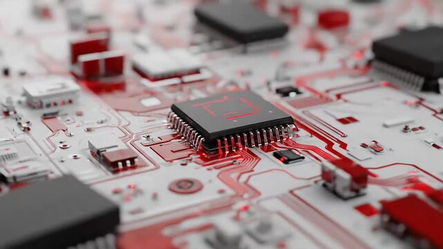 Close-up of electronic circuit board with red glowing lights.
