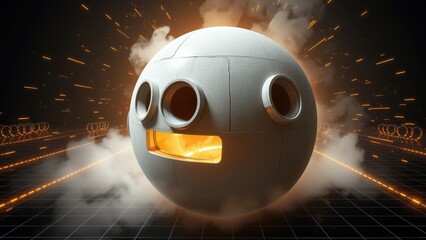 Fototapeta premium Metallic sphere displays expressive face. Bright light emanates from interior. Smoke surrounds object, creating dynamic scene.