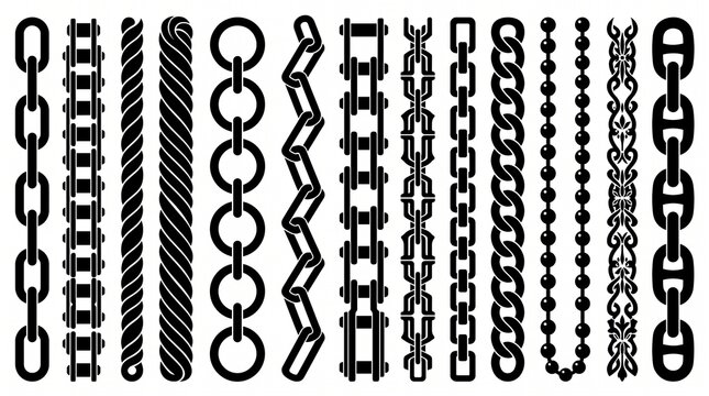 Industrial chain border and divider collection featuring linked metal chains, decorative chain patterns, vertical separators, rugged mechanical elements, monochrome vector designs.