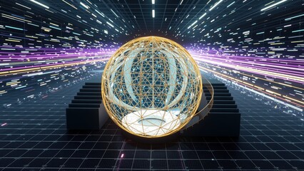 Fototapeta premium Glowing sphere rests atop pedestal. Digital lines radiate outward, creating futuristic tunnel effect. Dark background emphasizes bright illumination.