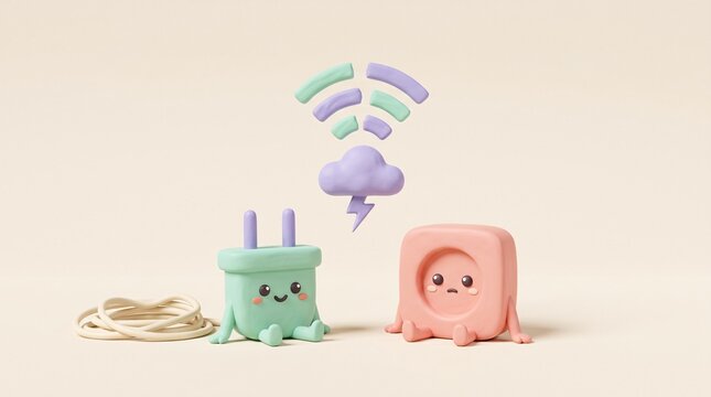 Disconnected plug and socket with broken wireless signal and cloud, no internet connection offline concept
