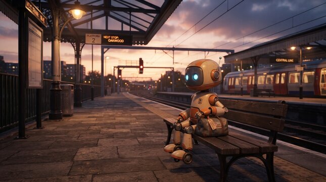 Cute little robot traveler sitting on a bench at empty train station platform during sunset