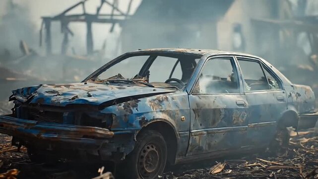 Wrecked car in smoking urban debris landscape.
