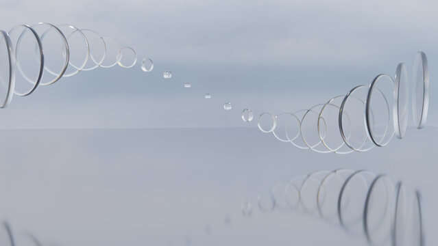 Abstract bright 3D background with flowing clear glass discs and reflections