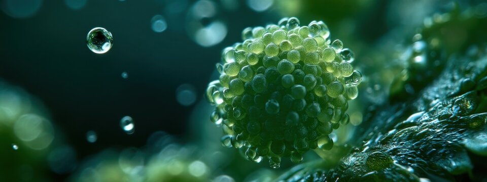 Green plant cells and water droplets glowing in macro view, fresh dew drops and organic life for science and nature background design