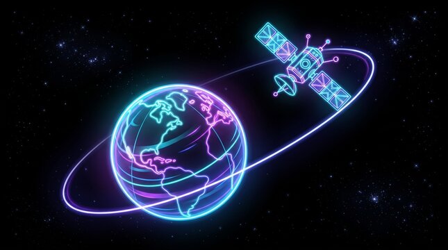 Neon glowing telecommunication satellite orbiting planet Earth in dark starry space