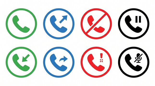 Modern phone call status icon collection featuring incoming, outgoing, missed, declined, silent, and callback symbols, colorful communication interface, clean vector design.
