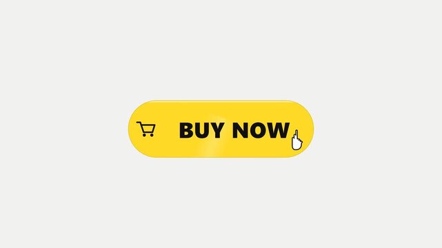 Clean 2D motion graphic animation featuring an interactive yellow Buy Now CTA button, animated shopping cart, cursor target acquisition and click, visual impact rays, and a purchase success checkmark 