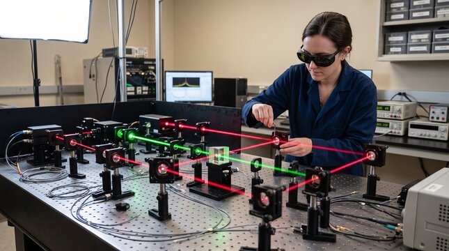 Female physicist adjusting optical mirrors routing red and green laser beams on optical breadboard table in advanced physics laboratory