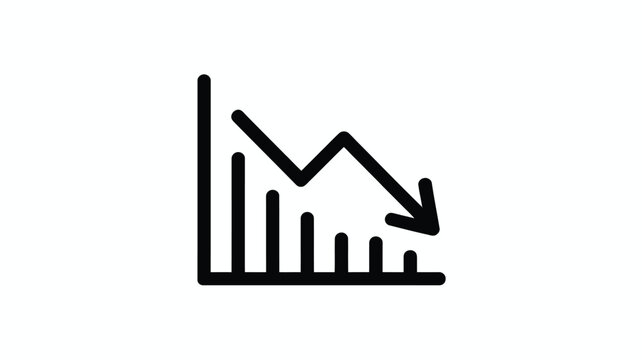 Declining bar chart vector icon showing market crash economic recession and negative financial trend in linear outline graphic style