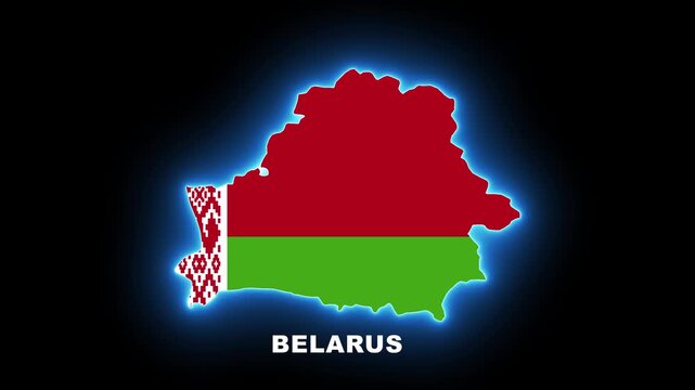 Belarus maps outline blue neon glow with national flag texter on black background alpha channel.