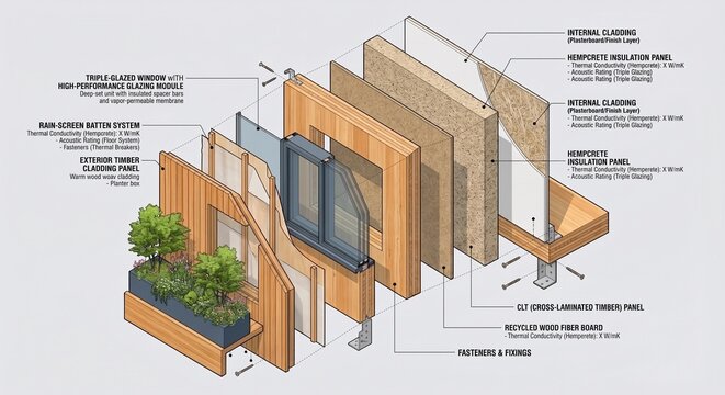 Exploded Isometric Diagram of Sustainable Wall Assembly with Hempcrete & CLT