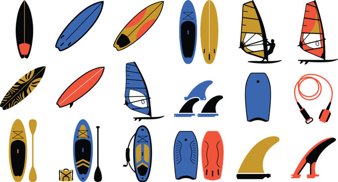 Water sports equipment featuring longboard surfboard paddleboard windsurfing sail fins bodyboard safety leash paddle gear items
