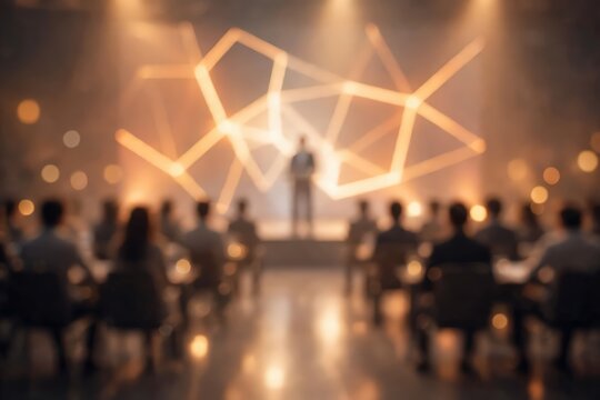 Business conference presentation blurred background with a speaker on stage and audience in a modern auditorium with glowing geometric light lines for corporate event concept