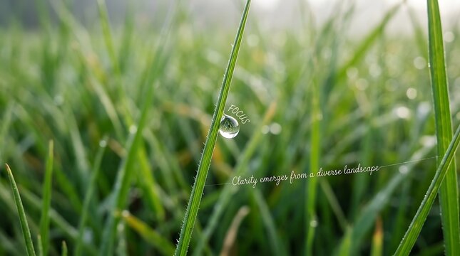 Single dewdrop on a vibrant green grass blade in macro detail, reflecting nature's clarity