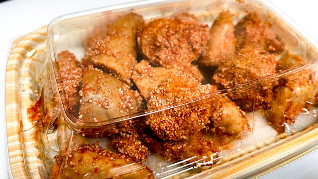 Savory deli pieces generously coated with spicy mentaiko