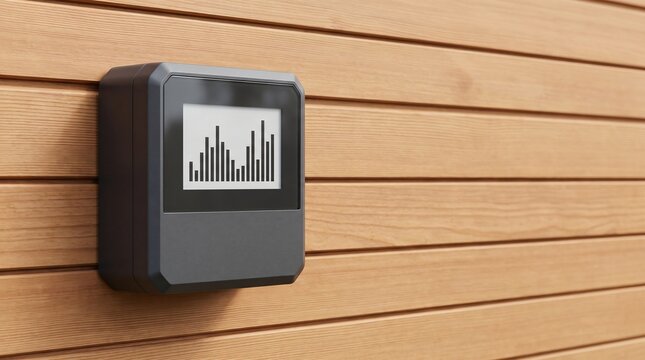 Modern residential smart energy meter mounted on cedar wood wall showing digital bar graph display for electricity consumption monitoring and home power management with empty copy space