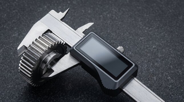 Stainless steel digital caliper measuring spur gear diameter on dark granite inspection plate for precision mechanical engineering quality control and metalworking manufacturing concept
