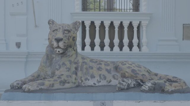 Painted jaguar statue in front of a colonial style building
