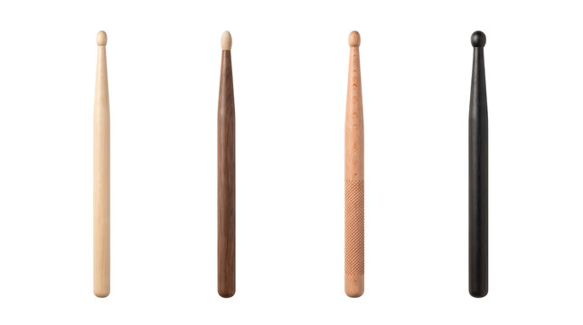 Four different wooden percussion drumsticks and mallets arranged in a row white background with music instrument, wooden white background