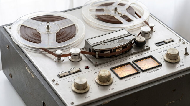 Vintage reel to reel tape deck with brown reels and metallic knobs, featuring smooth controls and a classic design. Retro audio equipment showcases nostalgia and warmth,