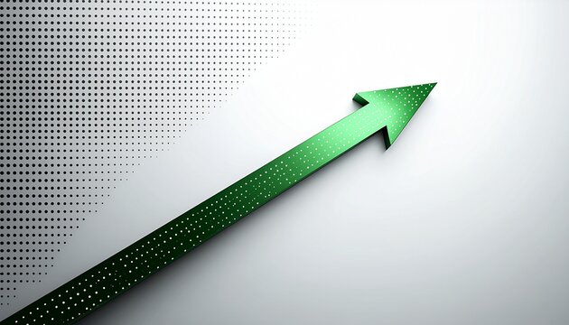 Bold 3D green arrow pointing upward on light gray background with halftone dotted grid pattern, abstract growth, progress and success concept with copy space