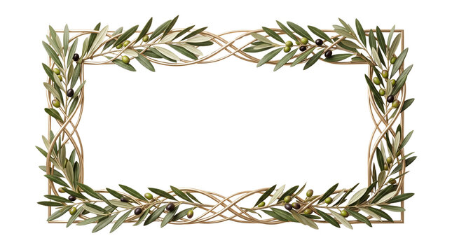 Olive branch frame on white background, elegant botanical border decoration, rustic Mediterranean floral frame for wedding invitation design