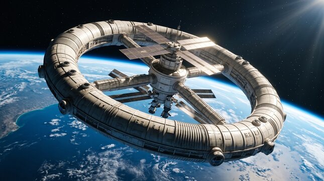 Giant rotating wheel space station with solar arrays orbiting high above planet Earth depicting futuristic orbital habitat technology