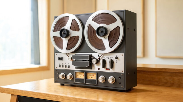 Old reel to reel tape deck on wooden table in recording studio showcasing vintage design and nostalgia. Classic reel to reel tape deck with magnetic tape, dials,