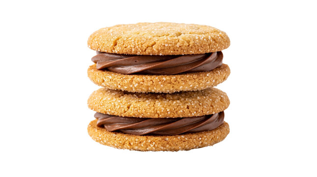 Golden sugar sandwich cookies with chocolate cream filling, stacked sweet chocolate biscuits on white background, gourmet bakery dessert concept