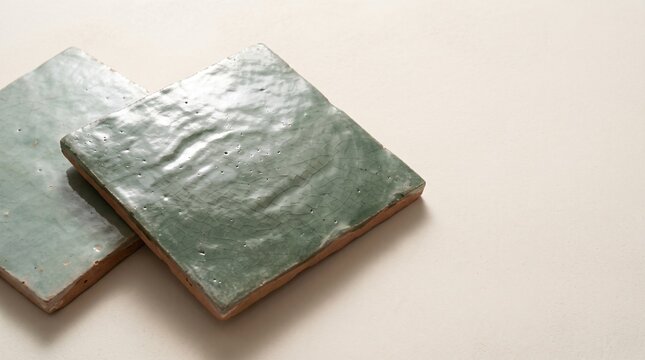 Composition of handcrafted Moroccan sage green glazed zellige ceramic terracotta tiles on textured white lime plaster surface for artisan interior bathroom and luxury kitchen backsplash