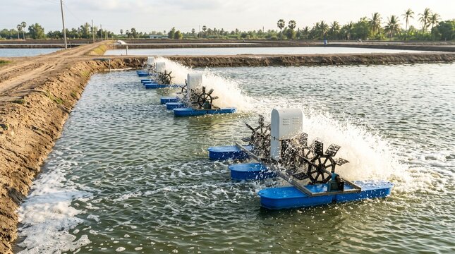 Row of electric paddlewheel aerators splashing water in commercial shrimp aquaculture farm pond depicting oxygenation process