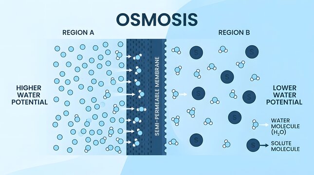 Osmosis diagram with water molecules moving across a semipermeable membrane from higher to lower water potential.