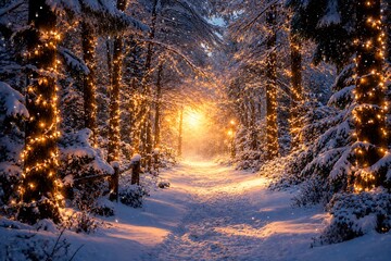 Magical winter forest illuminated with warm lights and sparkling snow at night © MdTanvir
