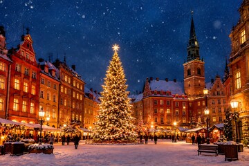 Festive christmas tree in a historic european town square at twilight time © MdTanvir