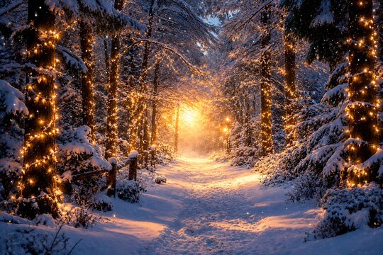 Magical winter forest illuminated with warm lights and sparkling snow at night