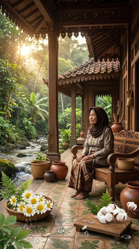 Asian Javanese senior woman in traditional hijab and batik sitting peacefully on a wooden bench at joglo house porch by a river at morning golden hour, vertical photo