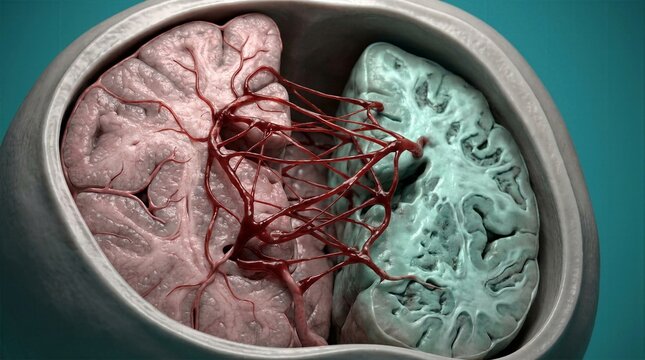 Brain hemispheres cross section connected by vascular network