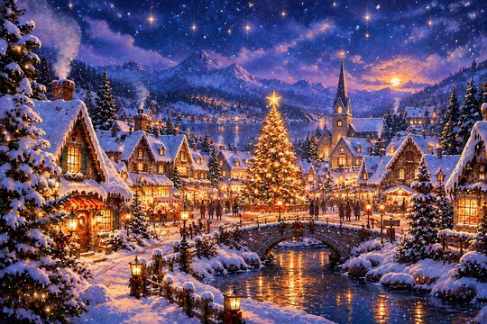 Magical winter village illuminated at night with a decorated christmas tree and falling snow