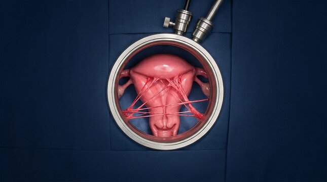 Laparoscopic view of severe pelvic endometriosis adhesions