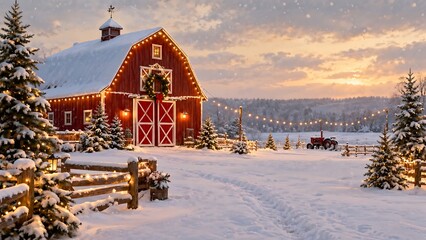 Charming winter scene with a decorated barn and snow covered landscape at dusk © MdTanvir