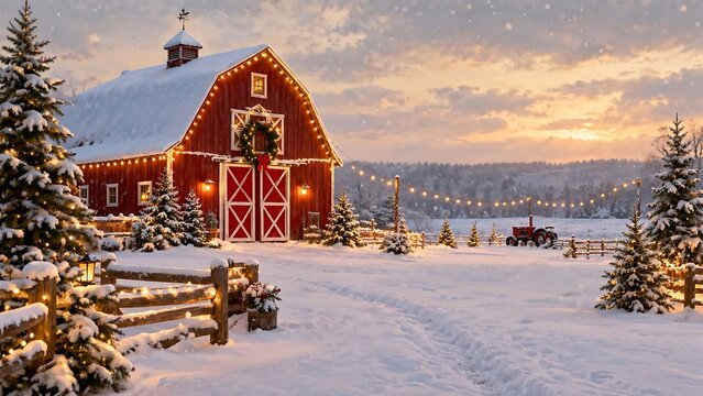 Charming winter scene with a decorated barn and snow covered landscape at dusk