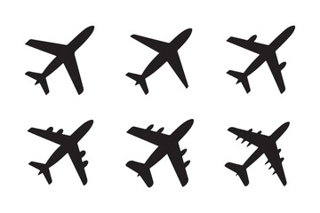 Collection of black airplane icons for air travel and aviation themes on a transparent background. © Nayan Arts