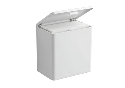 Open white mini fridge with lid up against plain background