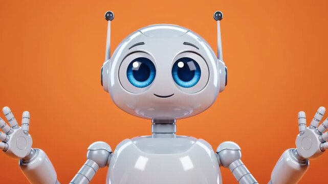 Cute white robot character animation on orange background ai technology